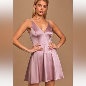 Lulu’s mauve pink backless strappy satin skater dress